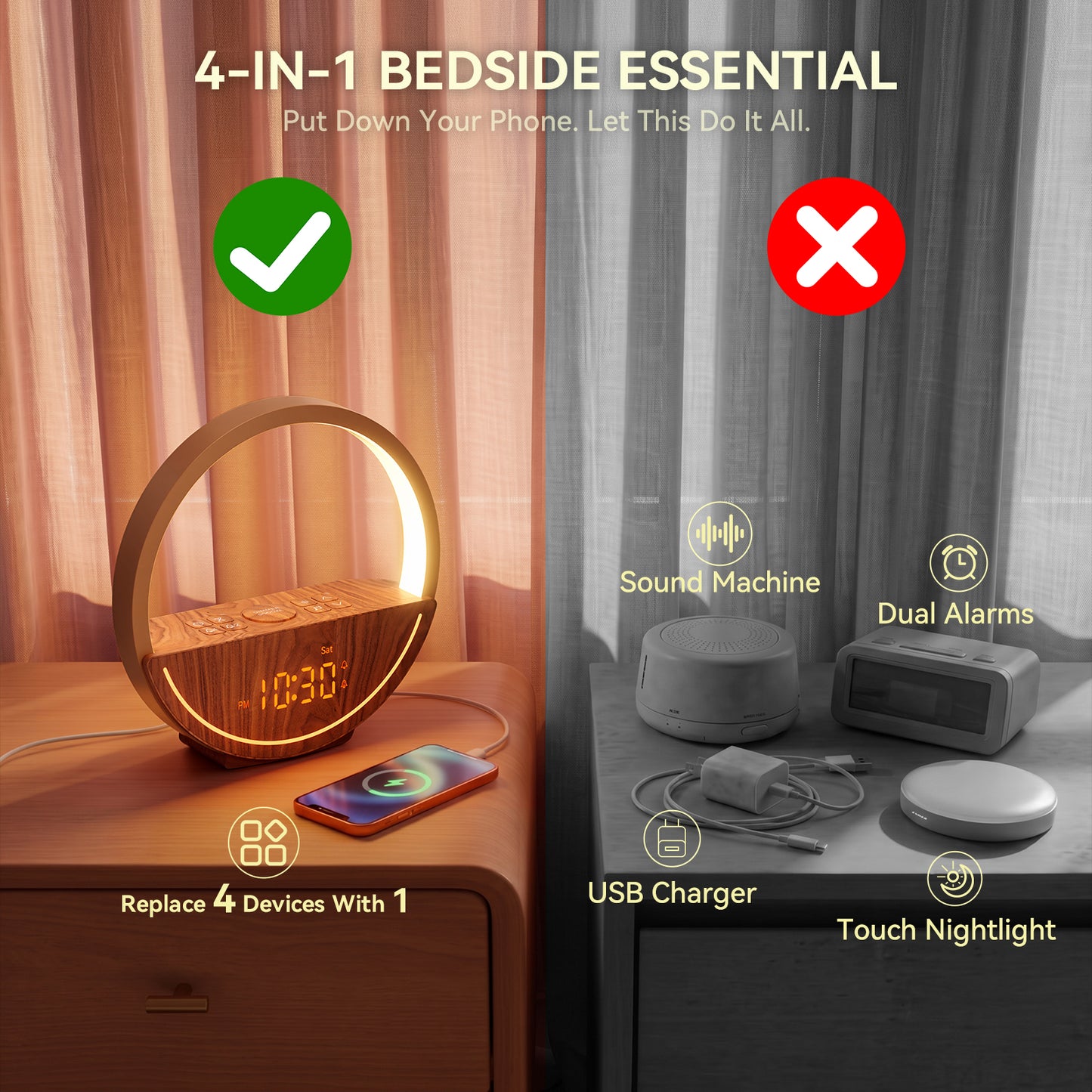 Vivilumens Sunrise Alarm Clock with Sound Machine & Night Light - Dark Wood