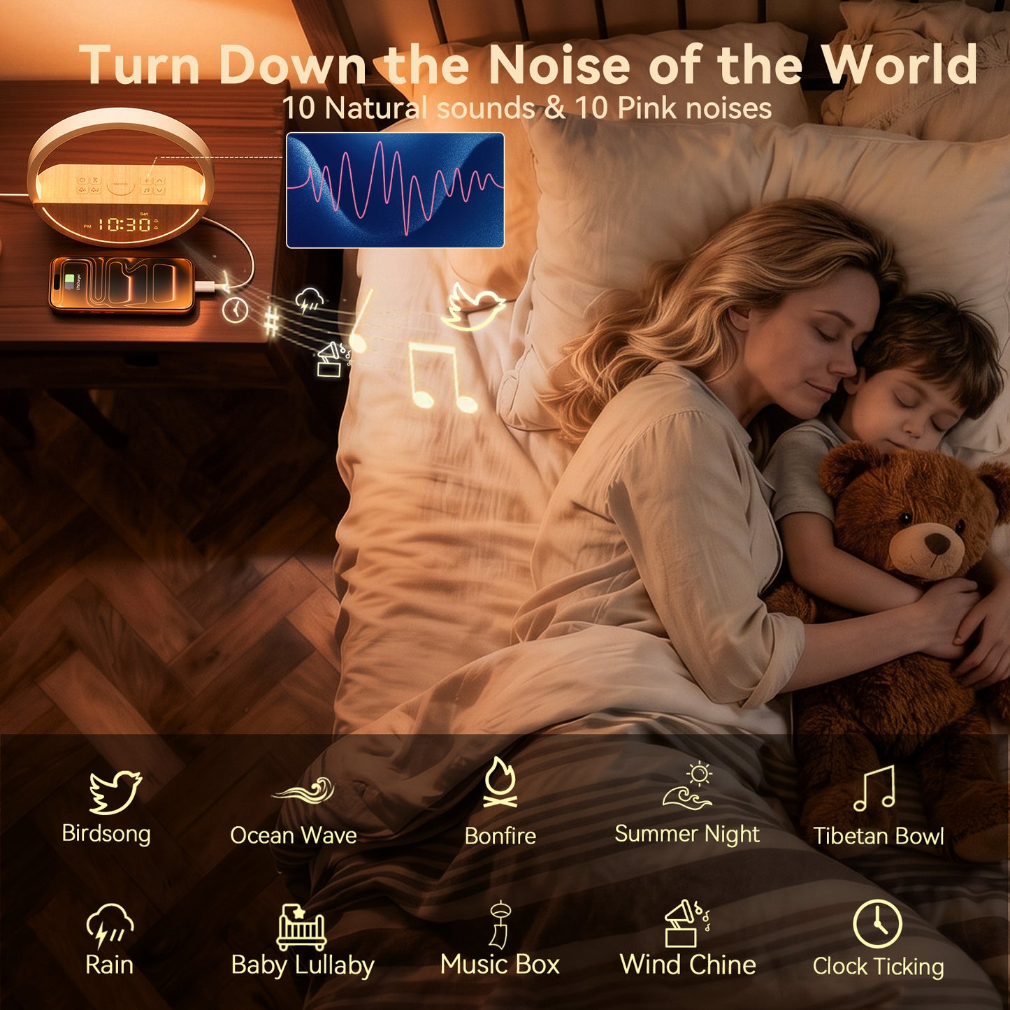 Vivilumens Sunrise Alarm Clock with Sound Machine & Night Light - Light Wood