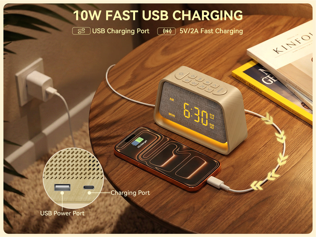 Vivilumens Wooden Sunrise Alarm Clock with White Noise, Dual Alarm, Dimmable Digital Clock for Bedroom