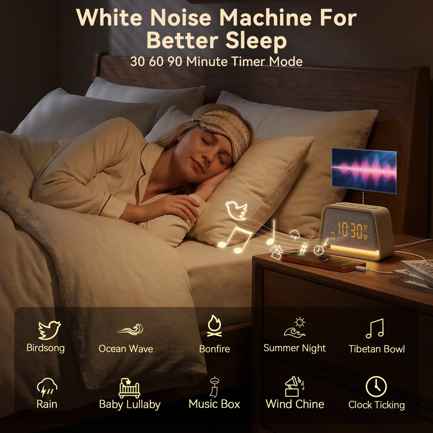 Vivilumens Wooden Sunrise Alarm Clock with White Noise, Dual Alarm, Dimmable Digital Clock for Bedroom