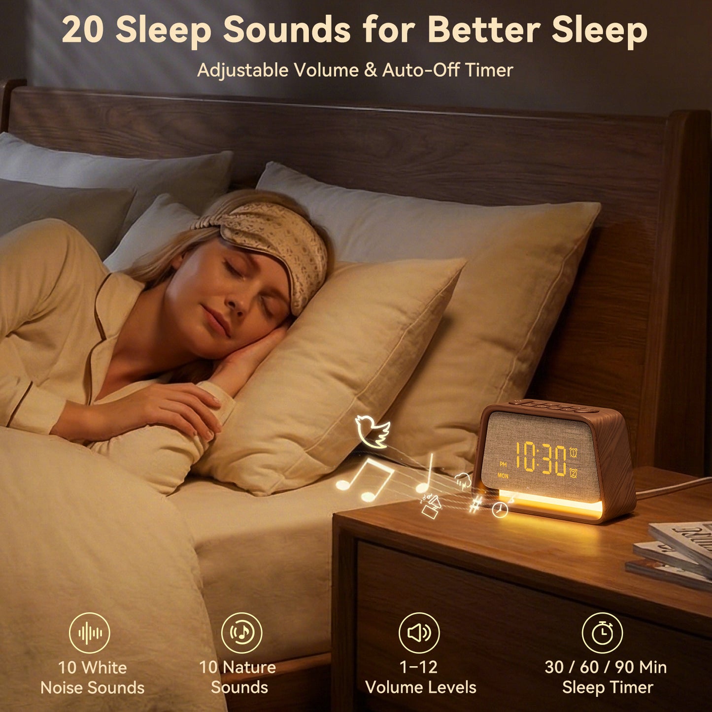 Vivilumens Alarm Clock with White Noise Machine Night Light for Bedroom - Dark Wood