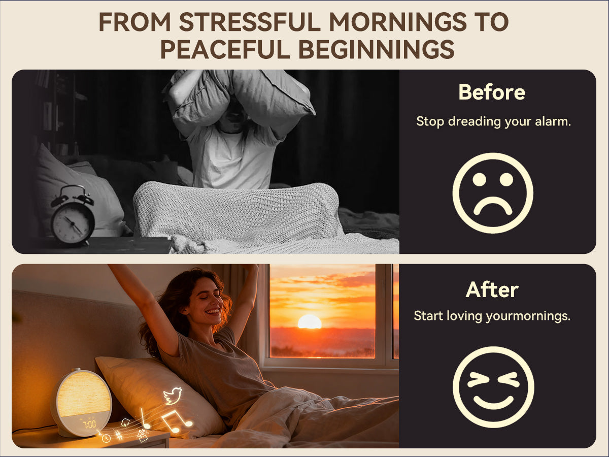 Wood Grain Sunrise Alarm Clock – Gentle Wake-Up Light, Sound Machine & Dual Alarms, RGB Night Lamp