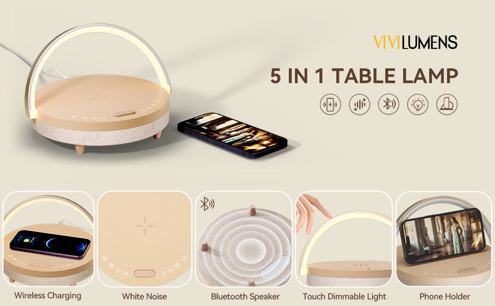 Vivilumens 6-in-1 Bedside Lamp – Wireless Charger, Speaker & Night Light (Pink)