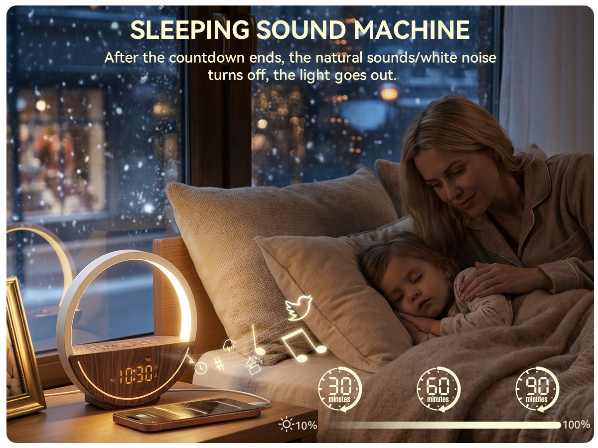 Vivilumens Sunrise Alarm Clock with Sound Machine & Night Light - Dark Wood
