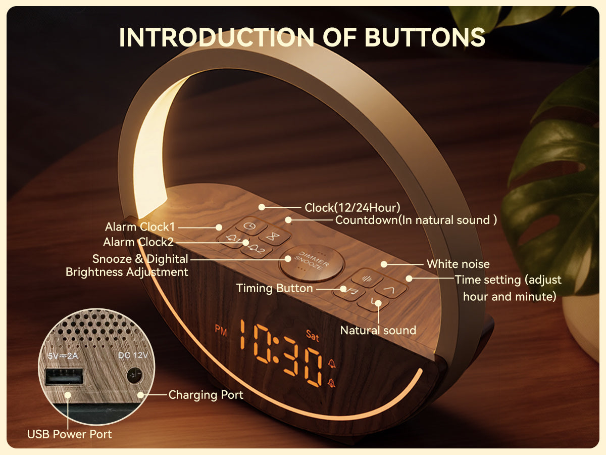 Vivilumens Sunrise Alarm Clock with Sound Machine & Night Light - Dark Wood