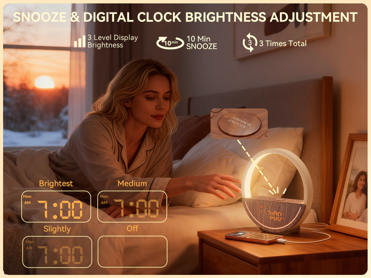 Vivilumens Sunrise Alarm Clock with Sound Machine & Night Light - Dark Wood